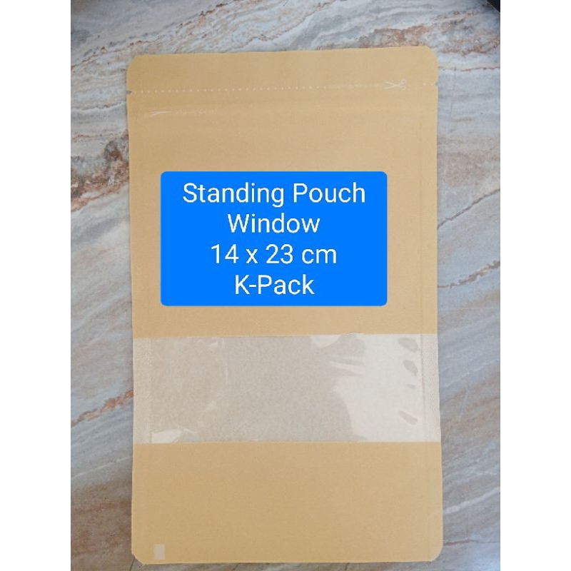 Standing Pouch Coklat K-Pack window zipper 14x 23 cm. Kraft paper K-Pack. Standing pouch K-Pack. Sta