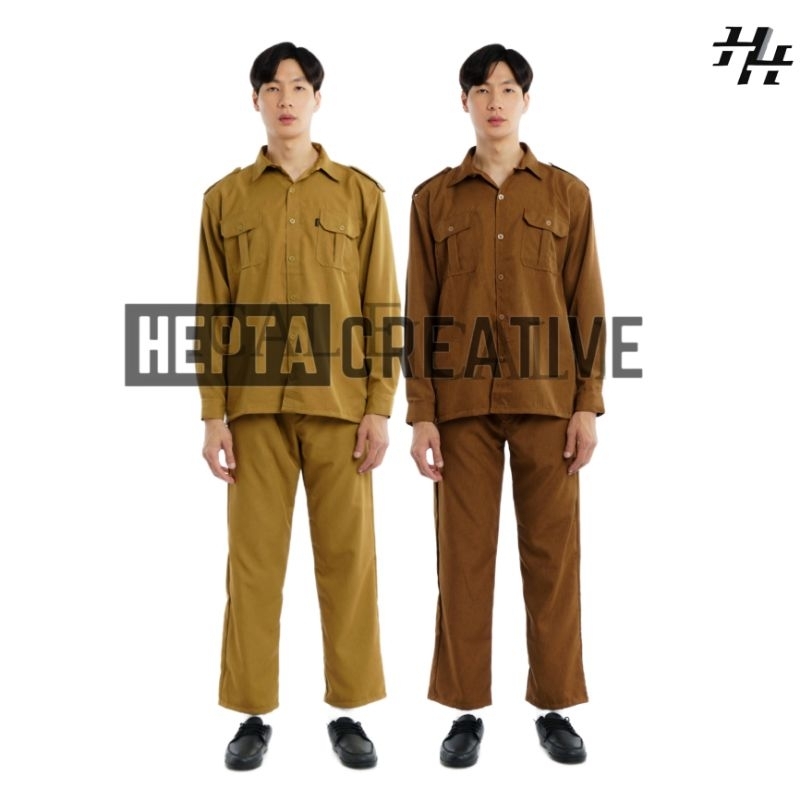 Seragam PNS Pria Lengan Panjang Baju Dinas Pemda Khaki Tua Pakaian Guru Asn S M L XL XXL