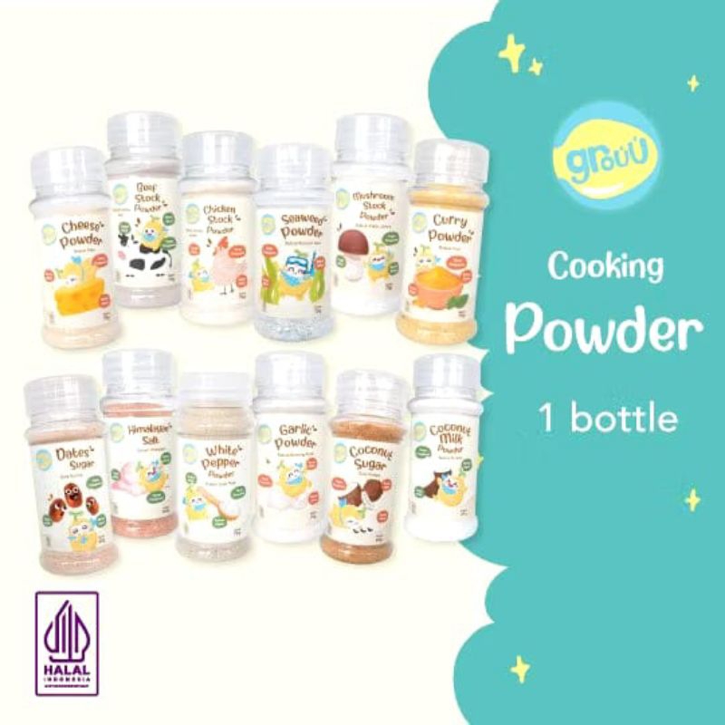 

GROUU - COOKING POWDER / BUBUK MASAK MPASI (BAWANG PUTIH, KEJU, KALDU SAPI, KALDU AYAM, KALDU JAMUR, SANTAN, KARI, GARAM HIMALAYAN, GULA KELAPA).