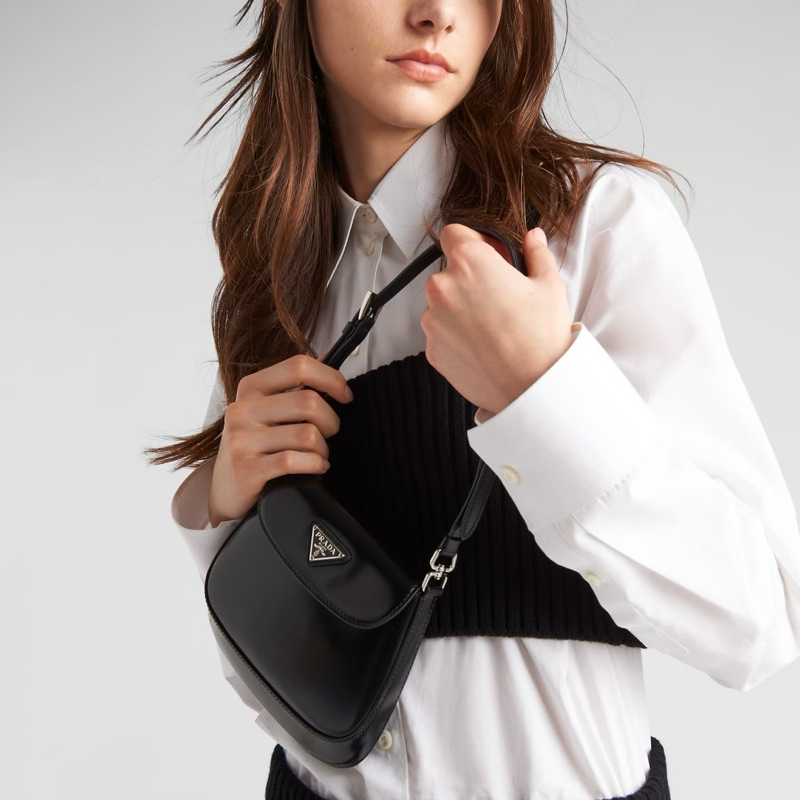 Original Prada Cleo Brushed Leather Mini Shoulder Bag with Flap