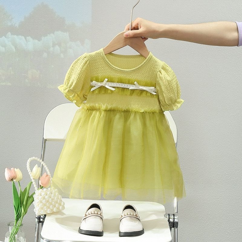 Dress Buble Pop Anak Perempuan Usia 1-4 Tahun Model Lengan Pendek Serut Variasi Renda Pita Dada Komb