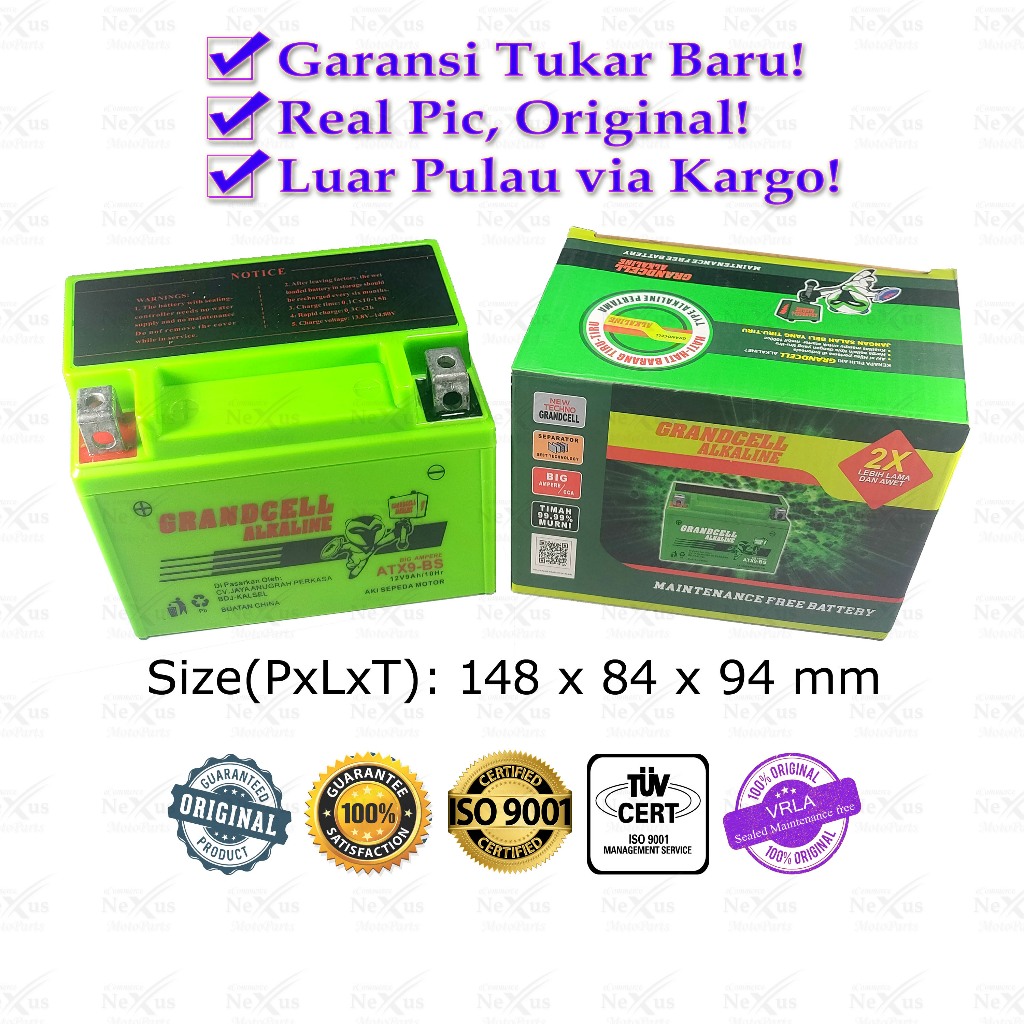Aki Motor Grandcell Alkaline ATX9-BS YTX7A GTZ8V YTZ8V YTX9 YTZ10S ATX9F 12V 9Ah Ninja 250 CBR KTM