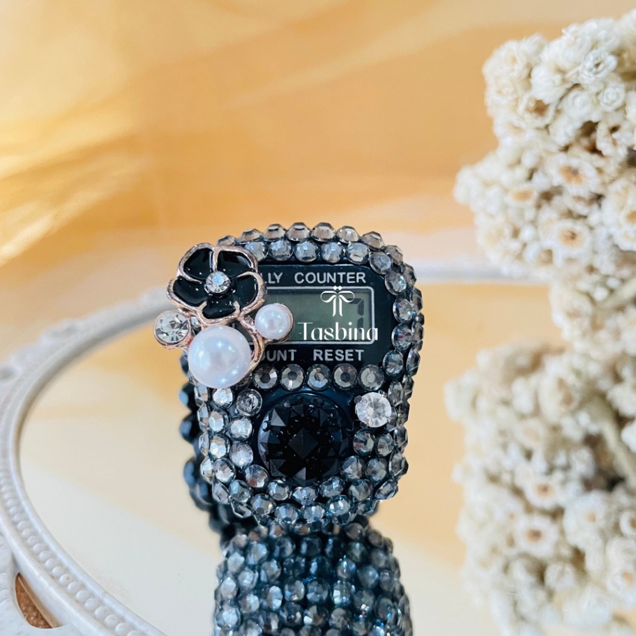 MEGA Tasbih Digital Cantik Manik Bunga Hitam Mutiara Non LED Tali Kristal