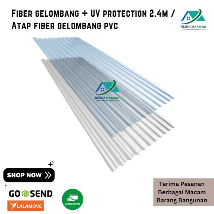 Fiber gelombang + UV protection 2.4mx80cmx0.8mm putih susu / Atap fiber bening transparan pvc