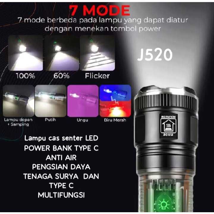 J520 ORIGINAL LAMPU CAS POWER BANK PB SENTER LED LASER ZOOM POWERBANK TYPE C MULTIFUNGSI SENTER CAHA