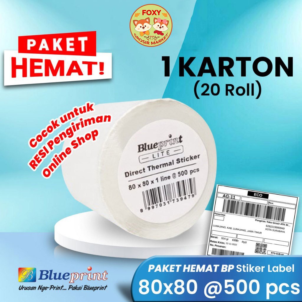 

PROMO HEMAT 80x80 20 Roll Resi Label Pengiriman 80mm Kertas Thermal Sticker Barcode BLUEPRINT Lite500 Stiker Termal < A6 Paket Hemat