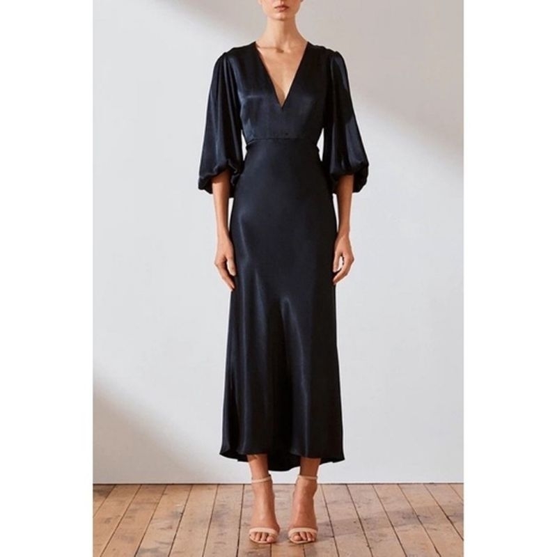 Zaina Dress Satin Polos Long Dress V Neck Lengan Panjang Dress Bridesmaids M-XXXXL