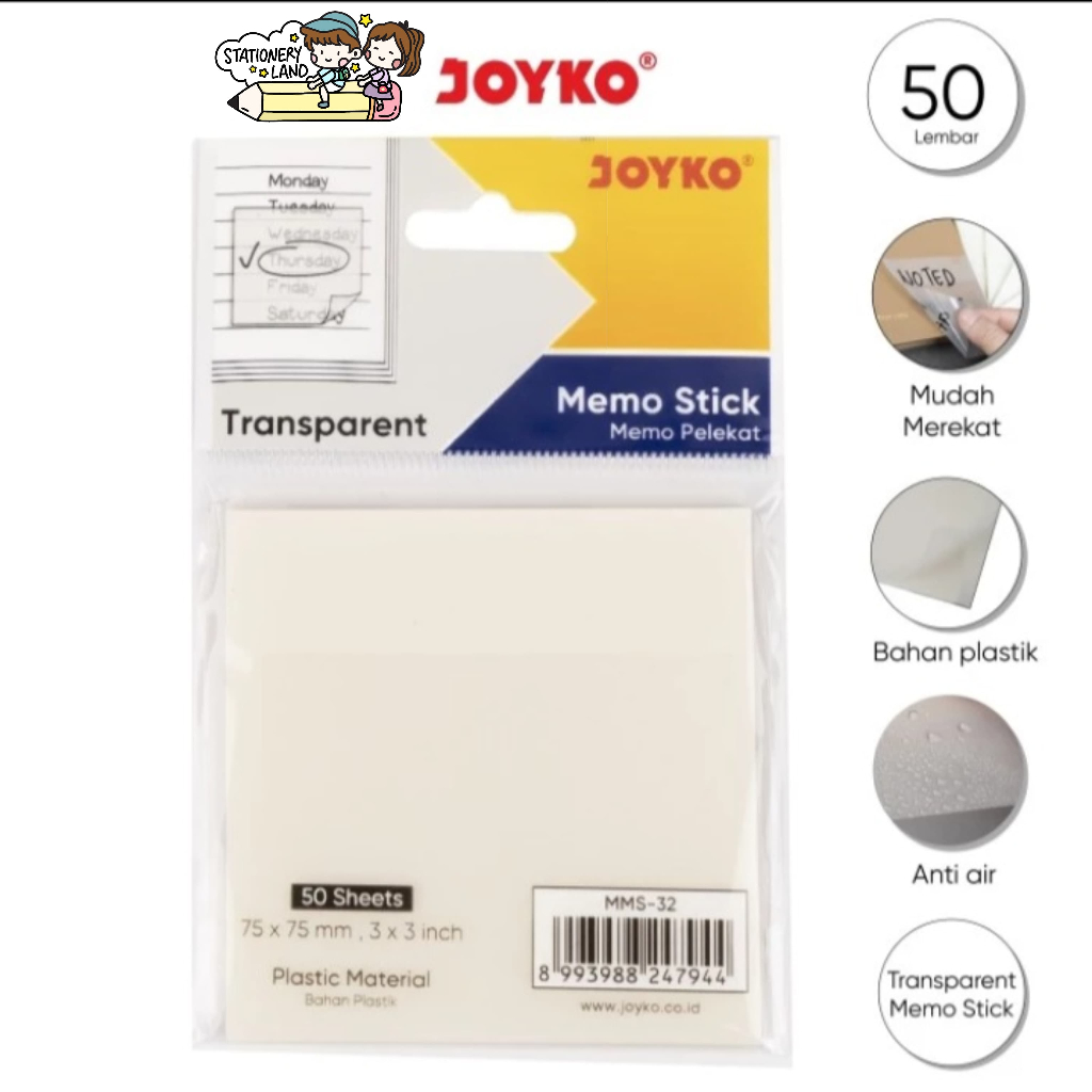 

MEMO STICK JOYKO TRANSPARAN MMS-32 / Sticky Notes Note Memo Tempel joyko Transparan Transparant Bening MMS-32