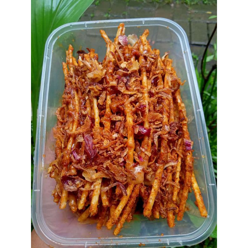 

Cemilan Mie Lidi Bumbu basah Gluget,Toping full Bawang Goreng Kemasan box 200gr