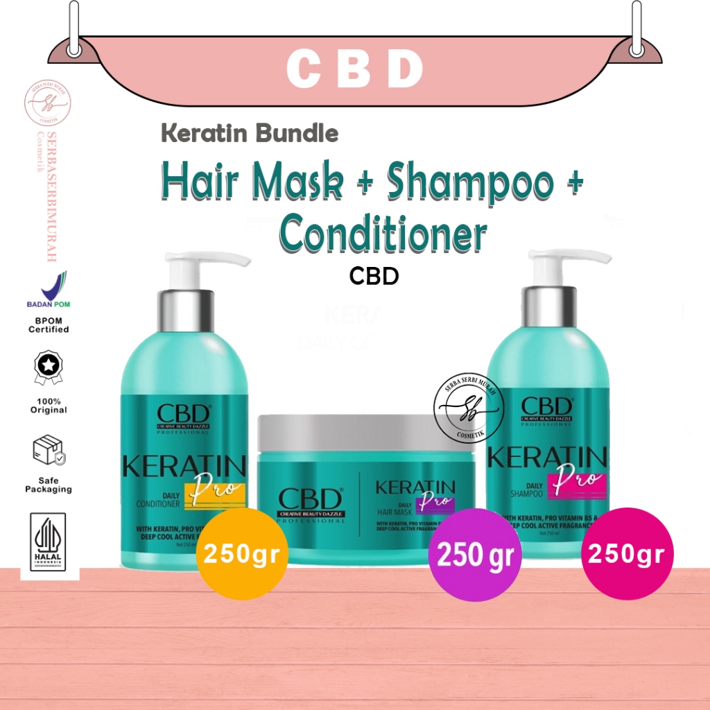 CBD Keratin Pro Paket 3 in 1 Hair Mask + Shampoo + Conditioner 250ml Original BPOM