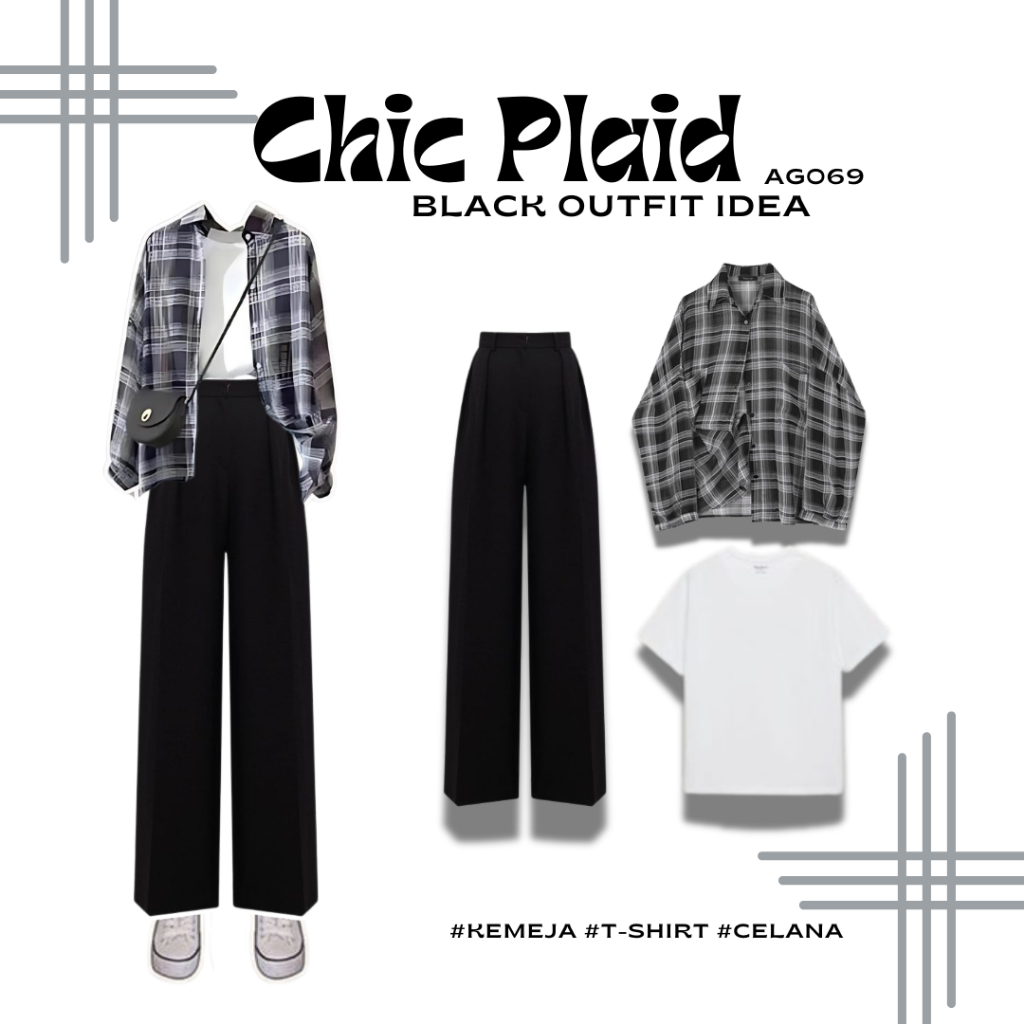 3in1 Outfit Set Korean Style OOTD Korean Style T-Shirt Putih Kemeja Kotak Kotak Hitam Celana Hitam O