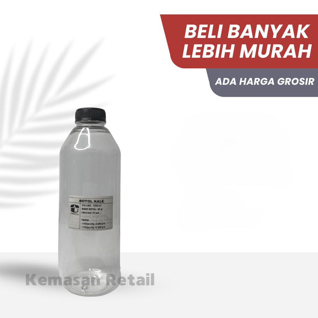 Botol Kale 1000ml  Tutup Hitam (45g) - Botol Plastik Minuman - Botol Minum 1000ml