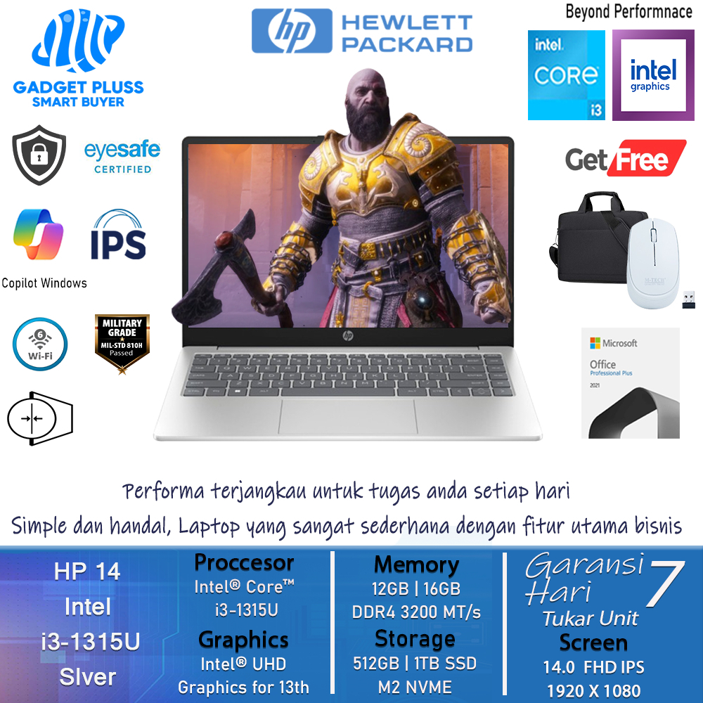 Laptop HP 14 Intel Core i3-1315U Ram 16GB 1TB SSD FHD Windows11 Office Silver