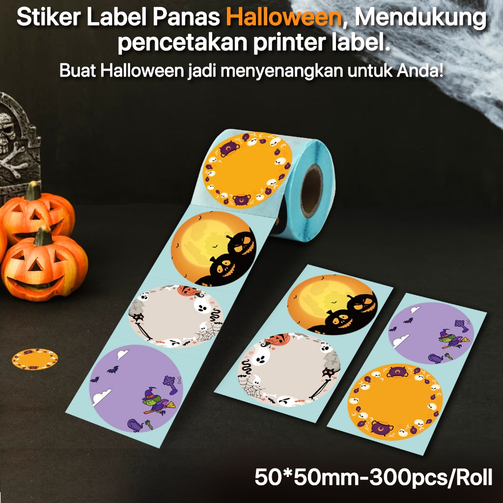 

Stiker label termal Halloween bulat 50*50MM label segel hadiah Selamat Halloween label perekat diri