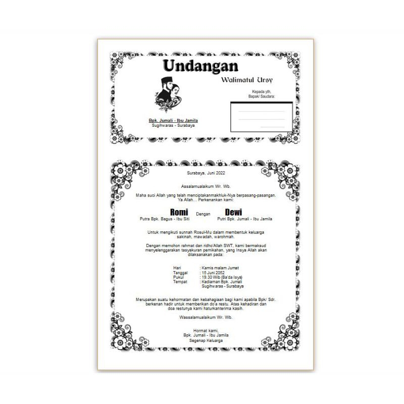 

Undangan Biasa, Kertas HVS F4/Folio