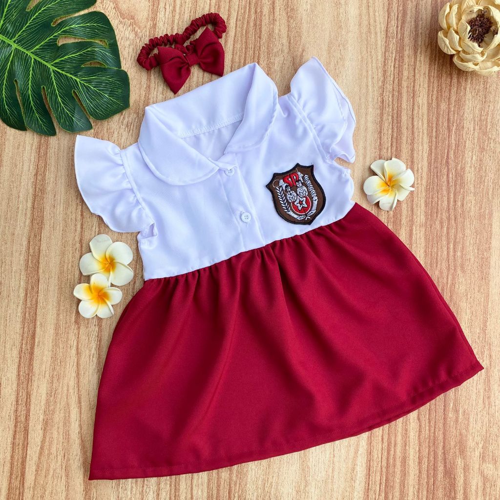 THEOBABY DRESS SEKOLAH BABY GIRL NEWBORN 0-6 BULAN SERAGAM BAYI PEREMPUAN LUCU BANDANA -UNI