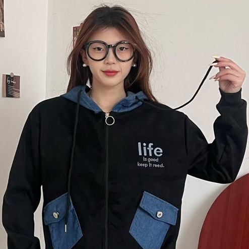 Jaket Bomber Zipper Hoodie Wanita Premium Suede Bludru Ban Kombinasi Denim Allsize - life