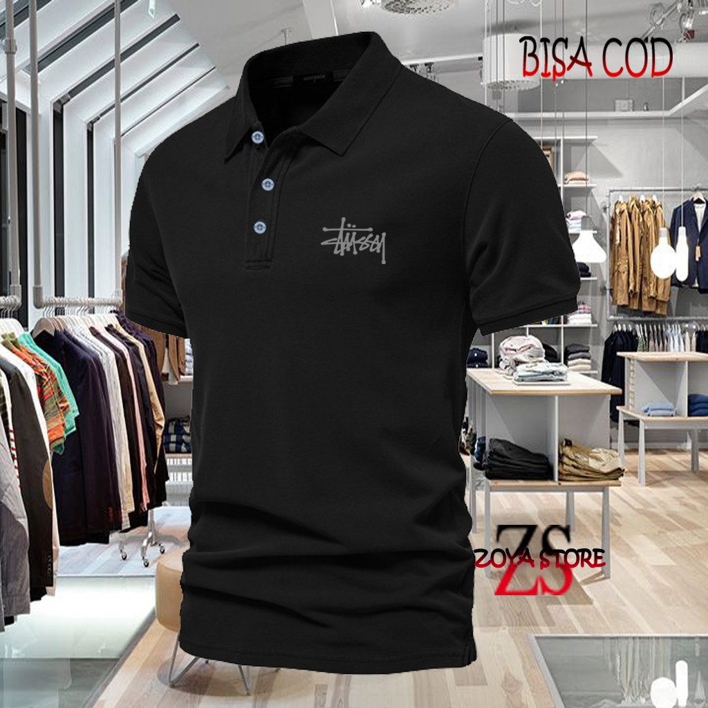 COD T-shrit POLO kerah Stussy Text Silver Kaos Kerah Dewasa Shirt / Kaos Wangki Pria Polo / Kaos Ser