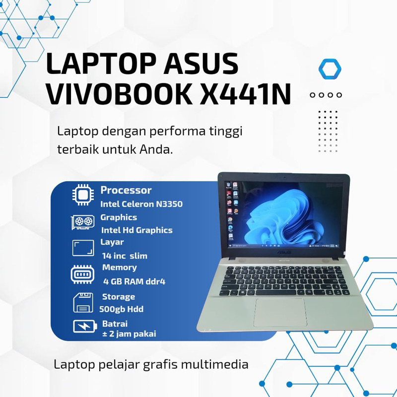 asus vivobook x441N laptop intel celeron N3350 pelajar murah siap lembur