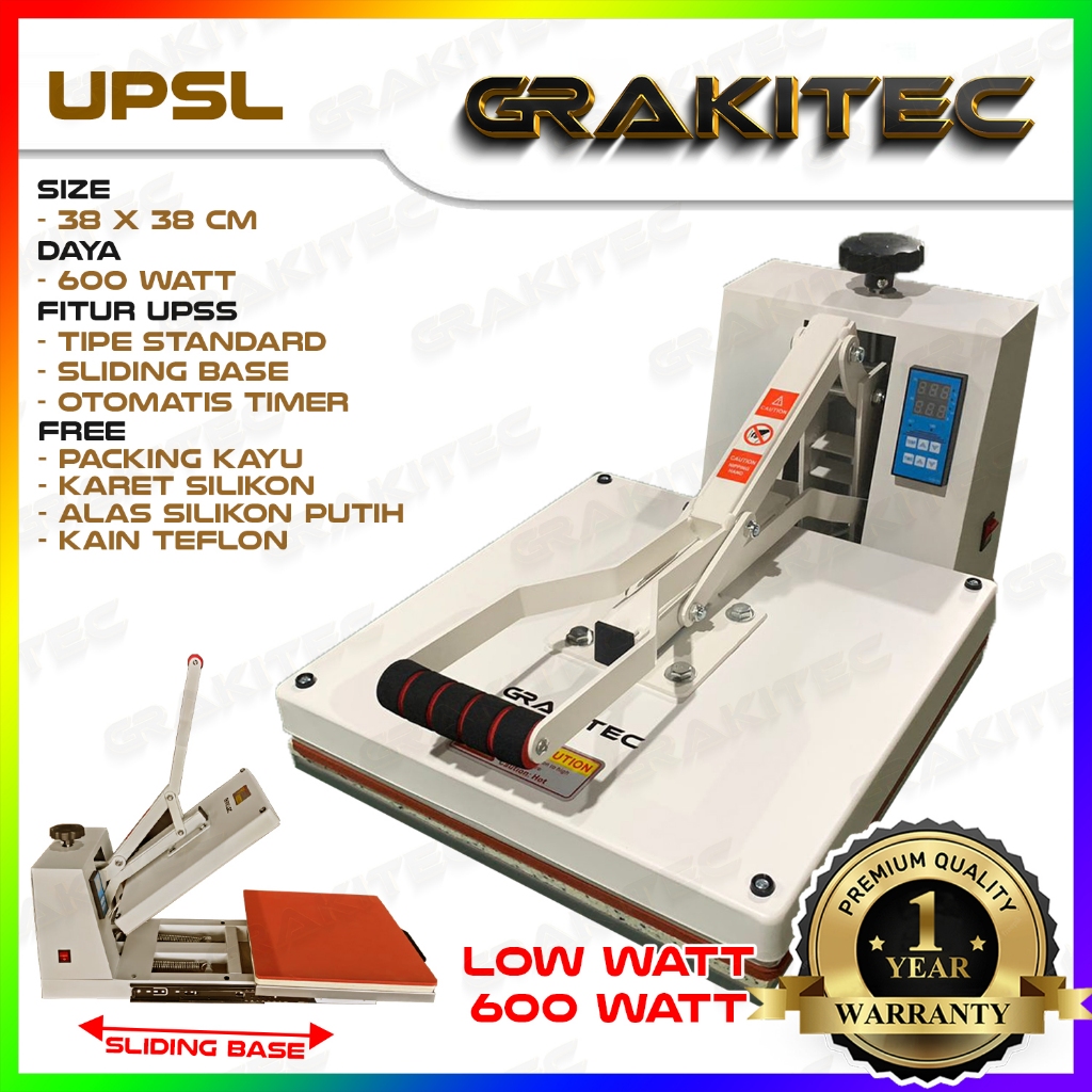 Mesin Heat Press Sablon Kaos 38x38 600 Watt  Premium Extra Sliding GRAKITEC