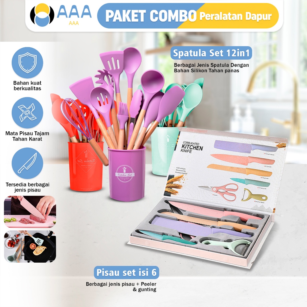 (AAA) Paket Combo Peralatan Dapur Pisau Dapur Set 6in1 + Spatula Silicone Set Tahan Panas 11Pcs Pega