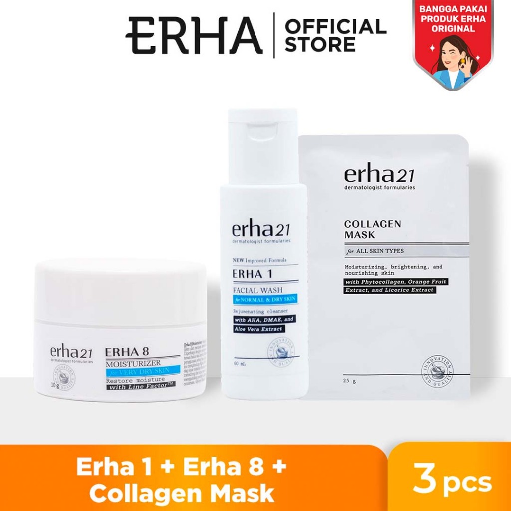 Erha Bundle Perawatan Kulit Kering - Erha 1 Facial Wash + Erha 8 Moisturizer + Collagen Mask