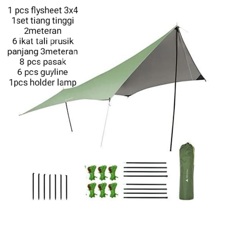 paket flysheet 3x4 plus tiang dan kelengkapan