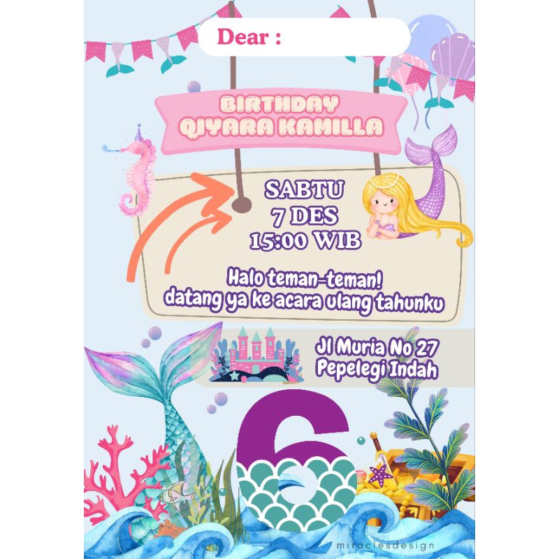 Undangan ulang tahun anak tema Mermaid
