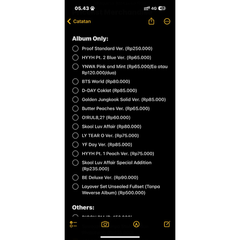 Album Only BTS Proof, HYYH Pt.2, HYYH Pt.1, YNWA, BTS World, DDAY AGUST D, BE, Golden Jungkook Solid