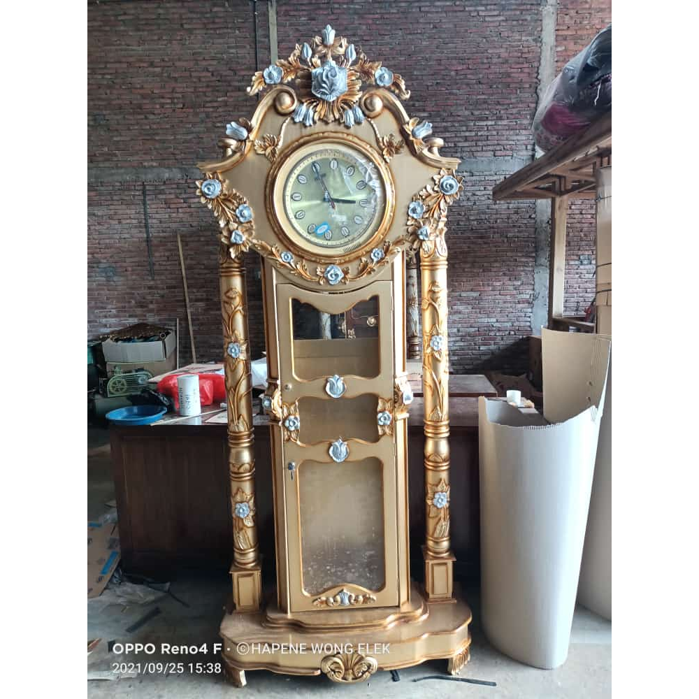 Jam Hias Berdiri Kayu Jati Ukiran Jepara Jateng 90 Cm x 35 Cm x Tinggi 220 Cm |almari jam ukir mawah