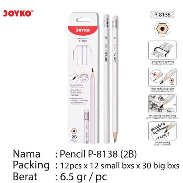 

( 12 pcs ) Pencil 2B P8138 / Pensil HB P8139 - Pensil Kayu Joyko P-8138 2B - Pensil Kayu Joyko P-8139 HB