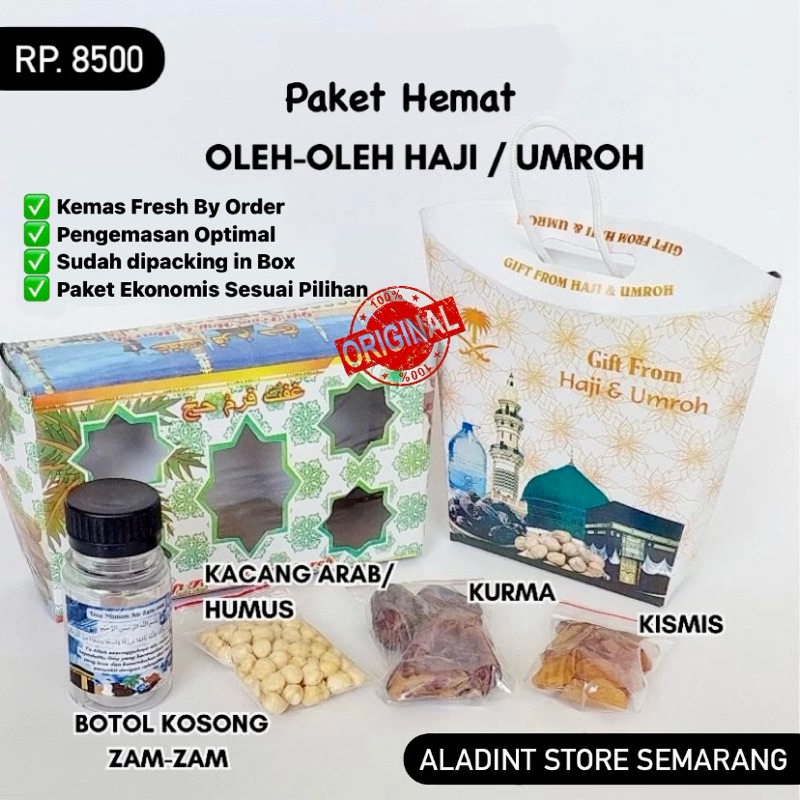 

Paket Hemat Oleh-oleh Haji & Umroh | Botol Zam-zam, Kurma, Kismis & Kacang Arab