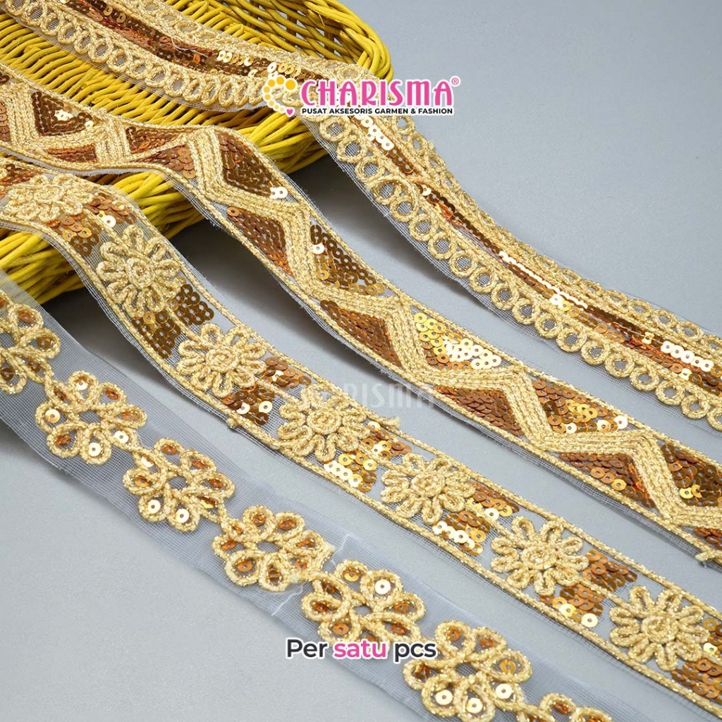 Charisma Renda Guiper Payet Gold (90cm) -Renda Meteran /Renda Emas / Renda Bordir Payet / Lebar 3 cm