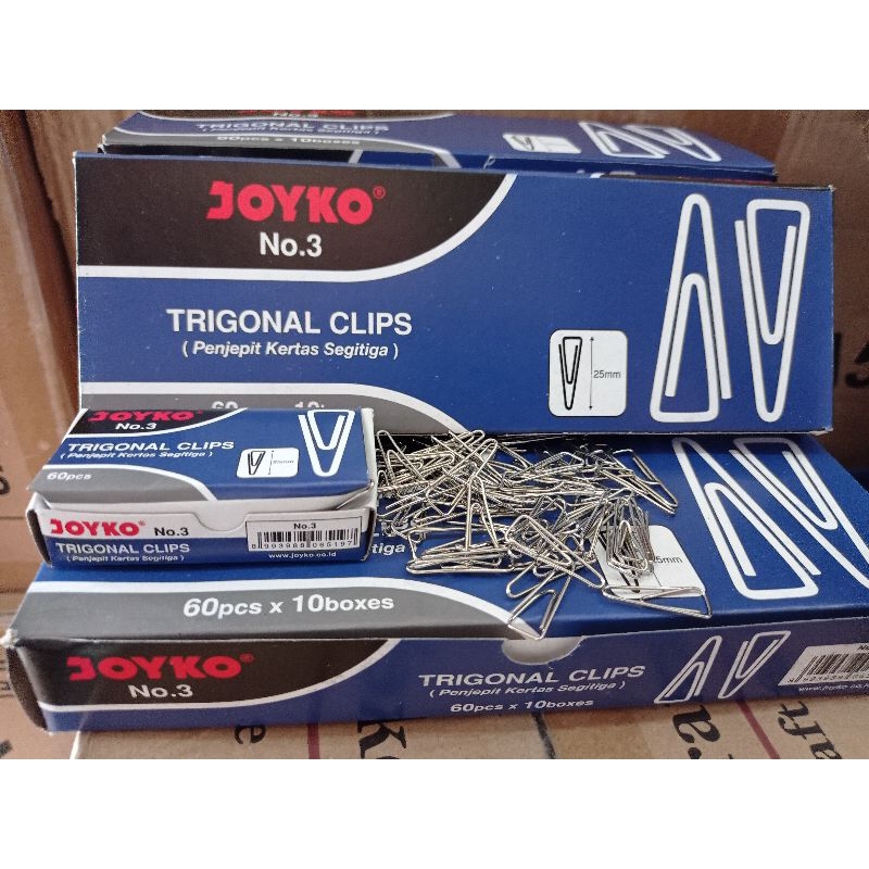 

paper clips/triagonal clips merek joyko no. 3 panjang 25mm (1box isi 10kotak) (harga termasuk 1kotak)
