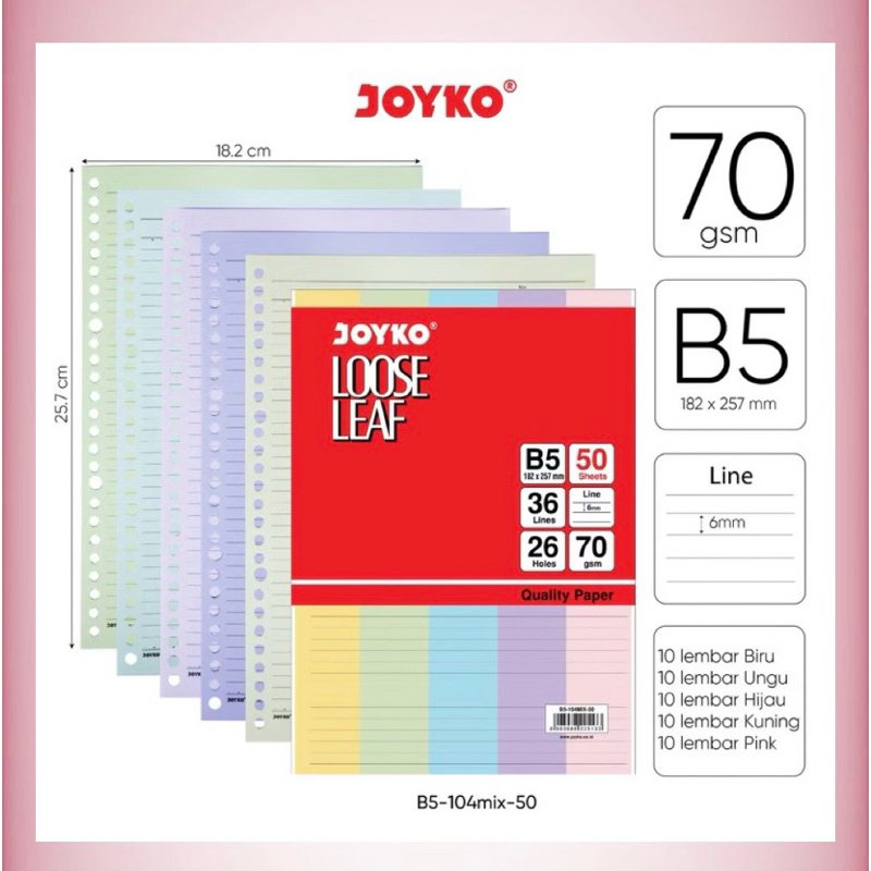 

N77-B Isi Binder Joyko B5 Mix Warna 50 Lembar / Loose Leaf Color Isi Kertas File Binder Warna Joyko B5 50 Lembar