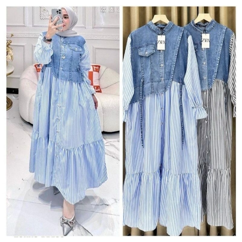Tokyo Midi Dress Jeans Jumbo mix Katun Salur Jepang