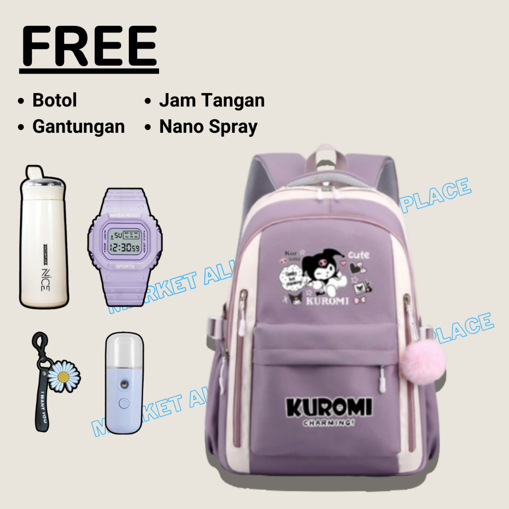 Tas Ransel Anak Perempuan Kuromi Bonus Botol Jam Nano Spray Gantungan Lucu dan Tempat Pensil ATK Pre