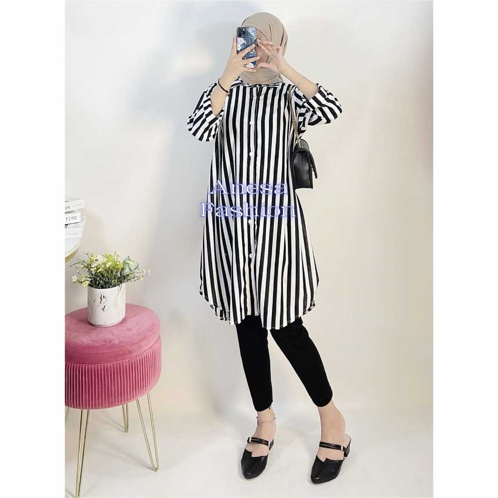 Tunik Salur Hitam Putih Dewasa 137 Tunik Atasan ANESAFASHION