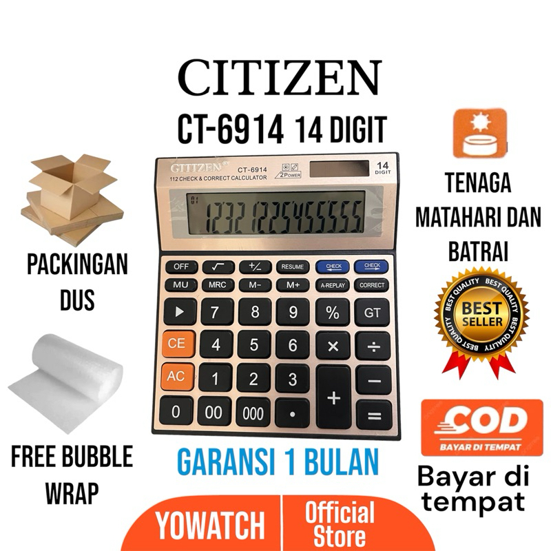 

Kalkulator ClTlZEN Ct-6914 | Calculator Alat Hitung,Meja,Warung dan Kantor | 14 Digit Bahan Tebal Tombol Halus