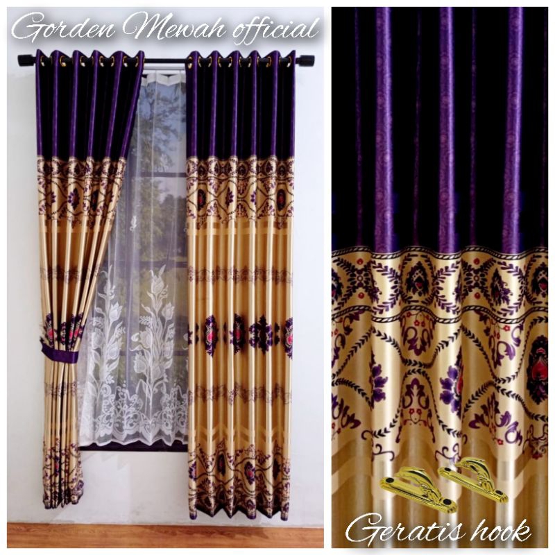 Gorden jendela panjang kain blackout tebal glossy motif batik mewah