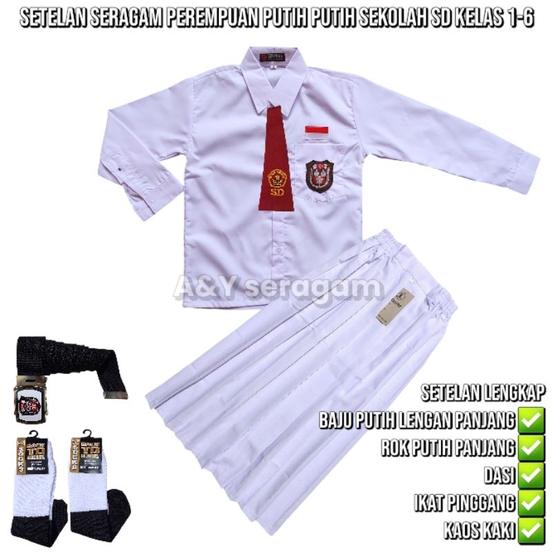 setelan seragam sekolah SD/MI putih putih perempuan lengan panjang
