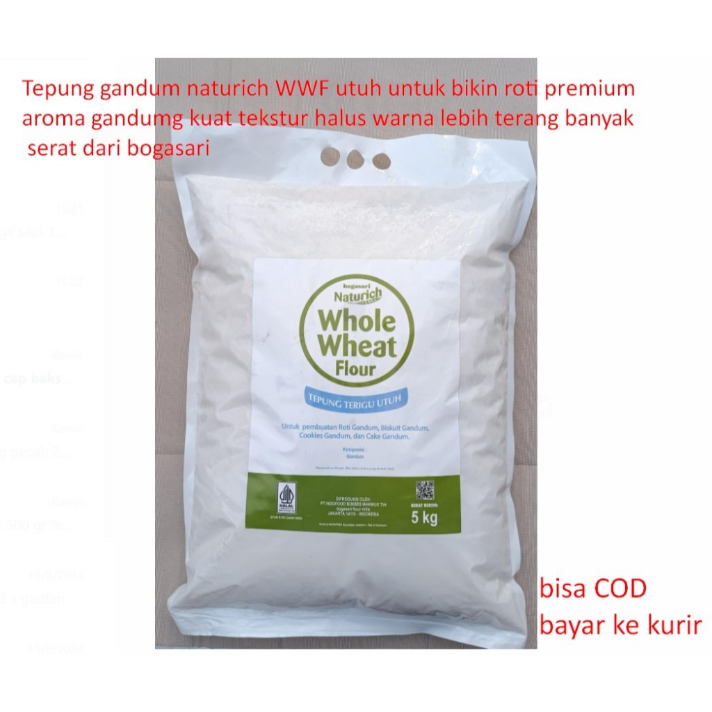 

Tepung gandum naturich WWF utuh untuk bikin roti premium aroma gandumg kuat tekstur halus warna lebih terang banyak serat dari bogasari