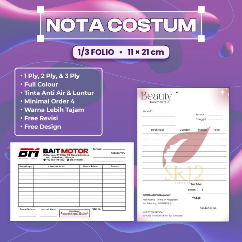 

Cetak Nota Custom Ukuran 1/3 Folio 2ply Bon Full Colour