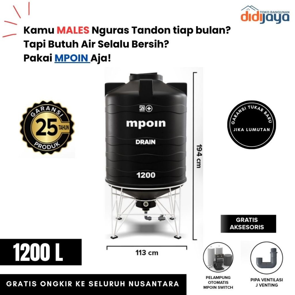 Toren Tandon Air MPOIN Drain 1200 Anti Bakteri | Tandon Air Anti Lumut Garansi 25 Tahun