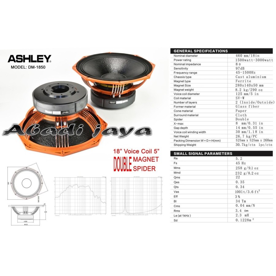 SPEAKER KOMPONENT ASHLEY DM1850 / DM 1850 18 INCH DOUBLE MAGNET VOICE COIL 5 INCH