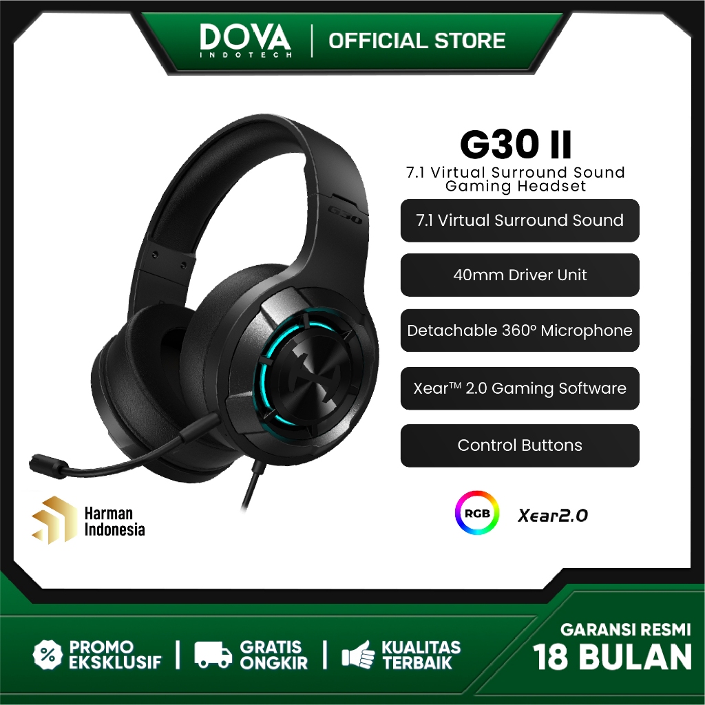 HECATE by EDIFIER G30 II 7.1 Virtual Surround Sound Gaming Headset - Hitam