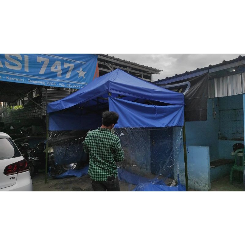 tenda lipat ukuran  3x4,5 besi hitam ketebalan besi  0,8mm+ dinding 3 sisi sangat kokoh dan berkuali