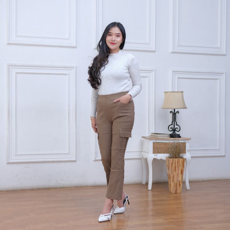 Celana Cargo Cutbray Stretch Bengalin Highwaist Combed Size Standar