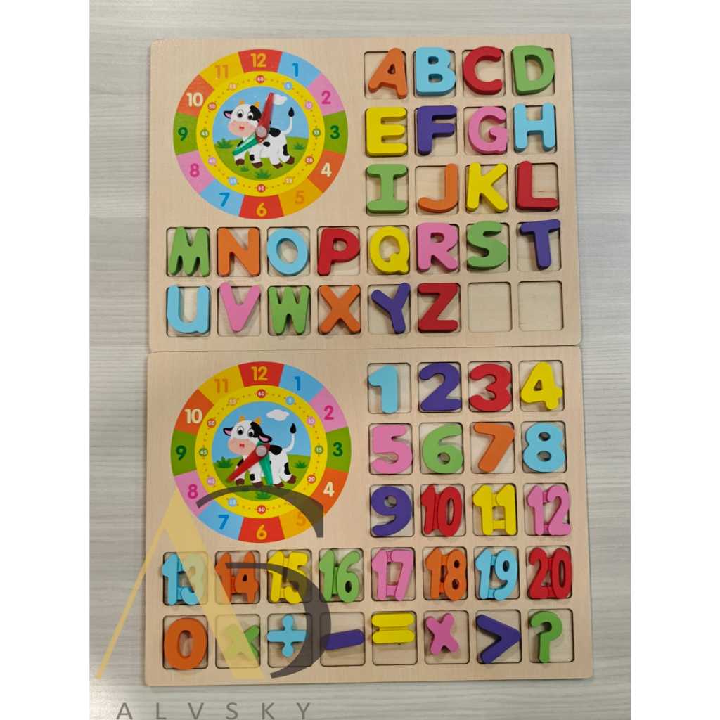 MAINAN EDUKASI PUZZLE KAYU EDUKASI ANAK MENGENAL HURUF ANGKA HIJAIYAH JAM ALFABET / WOODEN JIGSAW PU