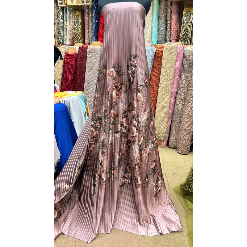 DYA369 Kain Armani Silk Plisket pleats Bahan Kain Silk Satin Stretch Premium Motif Bunga Lebar 150
